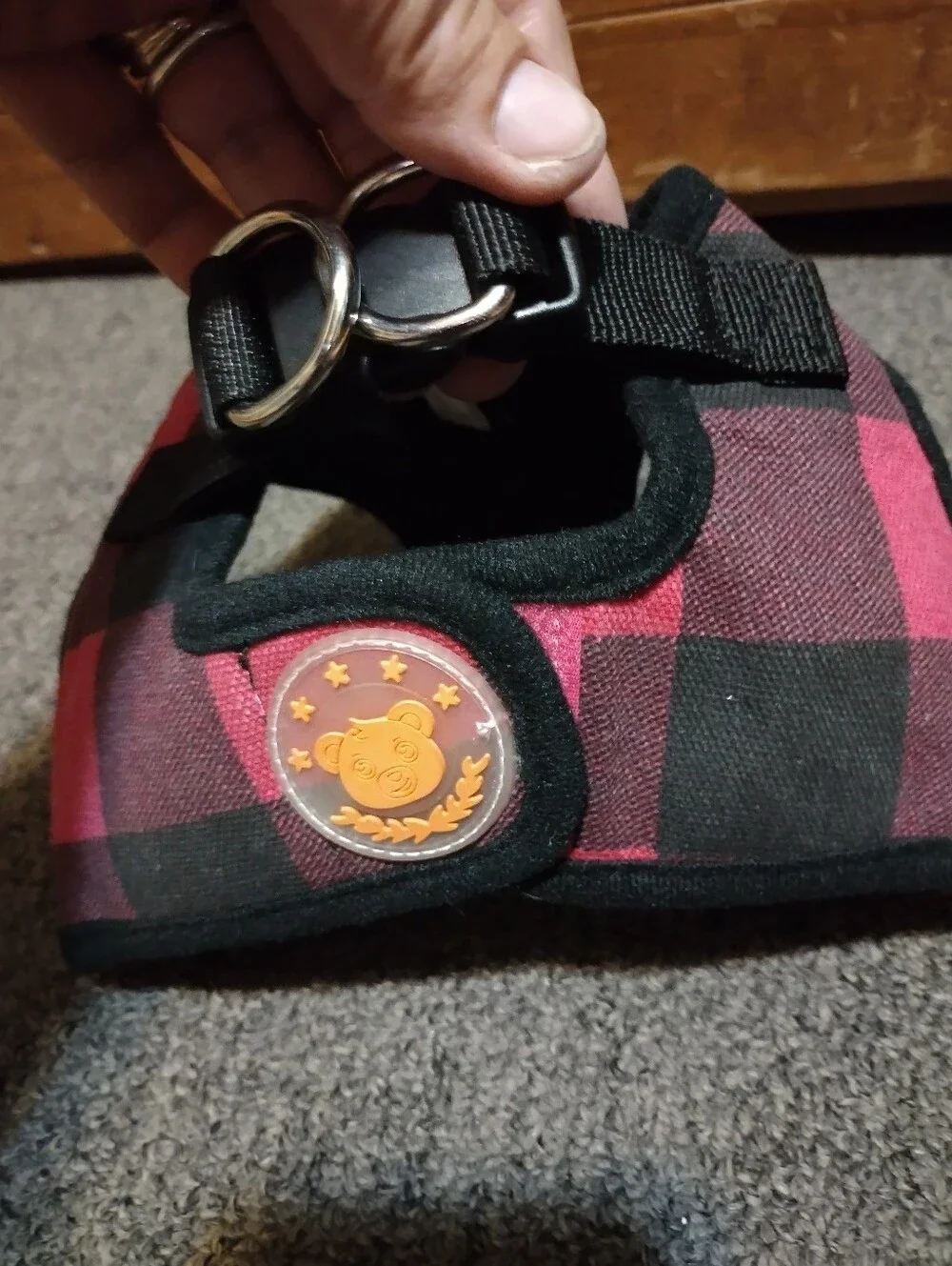 Plaid Red & Black Dog Harness with Bear Patch 20-35lb